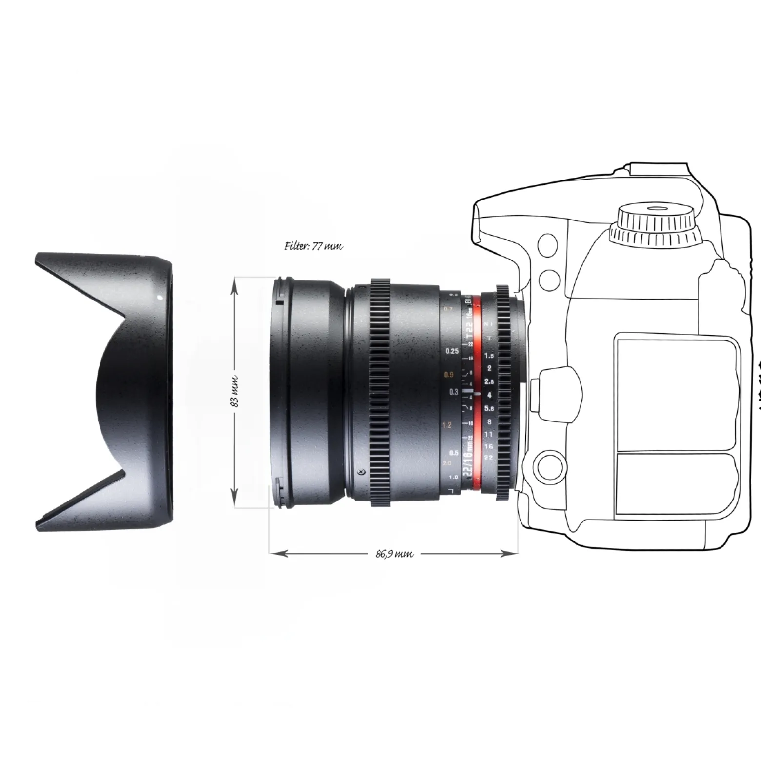 Walimex Pro 16mm 1:2,2 VDSLR Video- und Foto Weitwinkelobjektiv (Filtergewinde 77mm, Gegenlichtblende, Zahnkranz, stufenlose Blende und Fokus) kompatibel mit Nikon F Objektivbajonett schwarz