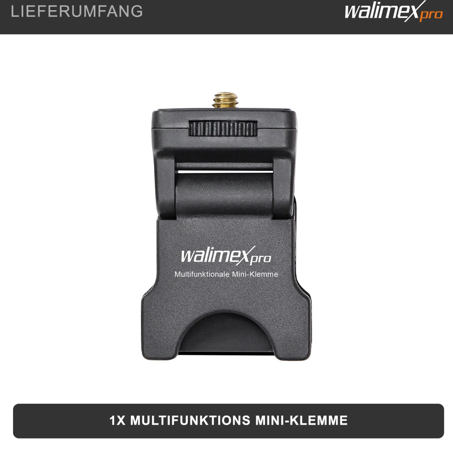 Walimex pro Multifunktionale Mini-Klemme - LED-Leuchten-Halterung mit 1/4 Zoll Gewinde, maximal Belastbarkeit 350 g, rutschfeste Gummierung, universelle Klemme für Smartphones, Tablets und Laptops