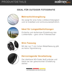 Walimex pro ND-Fader Graufilter vergütet 52 mm ND2-ND400 - Objektiv Filter aus hochwertigem optischem Glas, mit Metallfassung und Schutzhülle - Foto Zubehör