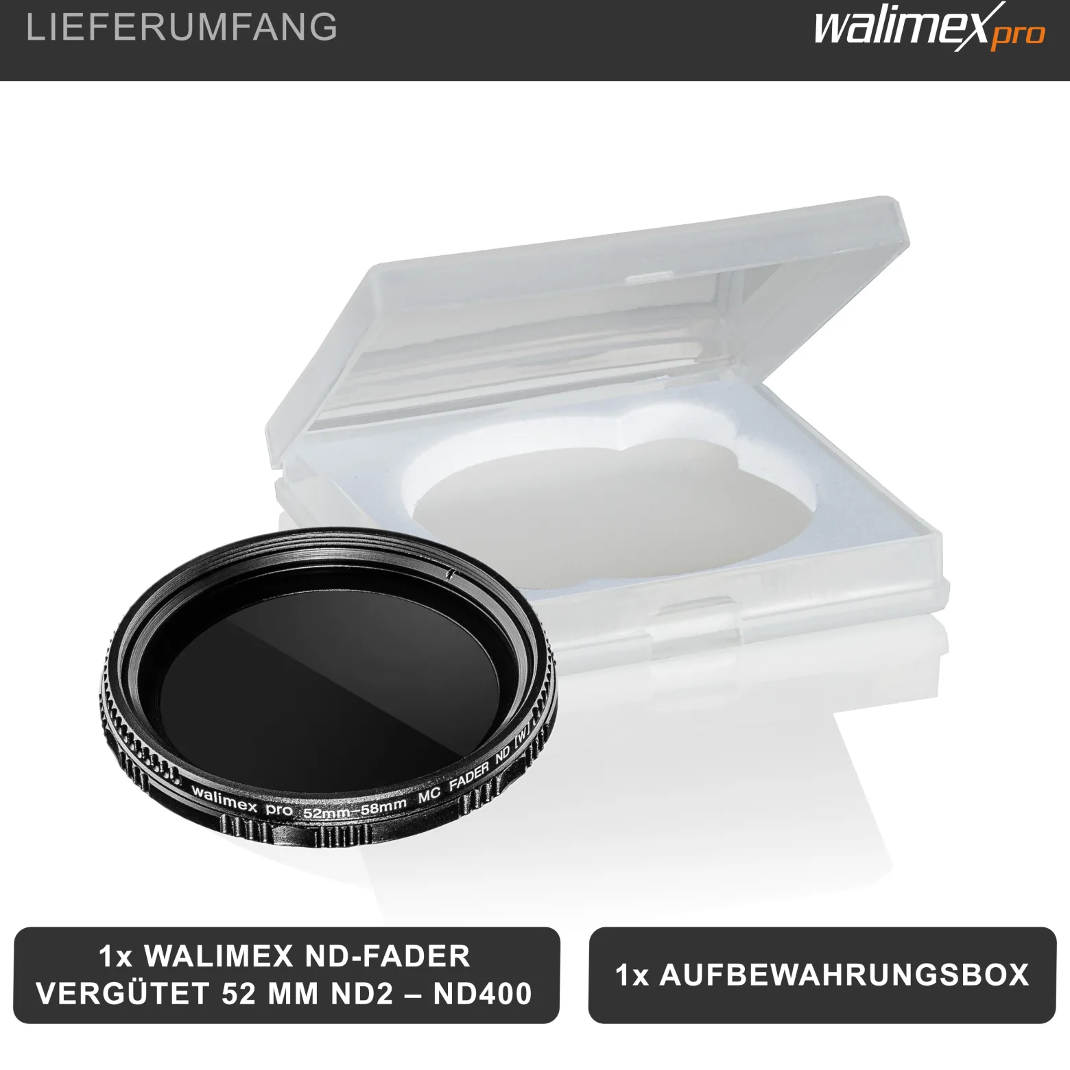 Walimex pro ND-Fader Graufilter vergütet 52 mm ND2-ND400 - Objektiv Filter aus hochwertigem optischem Glas, mit Metallfassung und Schutzhülle - Foto Zubehör
