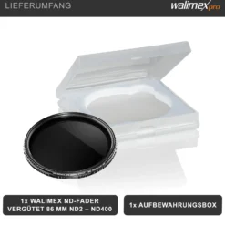 Walimex pro ND-Fader Graufilter vergütet 86 mm ND2-ND400 - Objektiv Filter aus hochwertigem optischem Glas, mit Metallfassung und Schutzhülle - Foto Zubehör