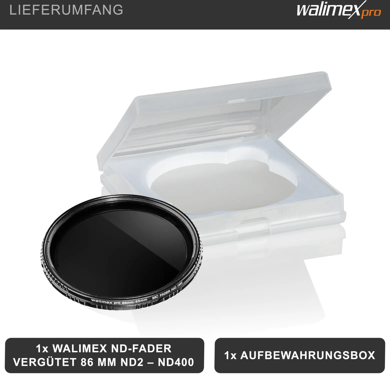 Walimex pro ND-Fader Graufilter vergütet 86 mm ND2-ND400 - Objektiv Filter aus hochwertigem optischem Glas, mit Metallfassung und Schutzhülle - Foto Zubehör