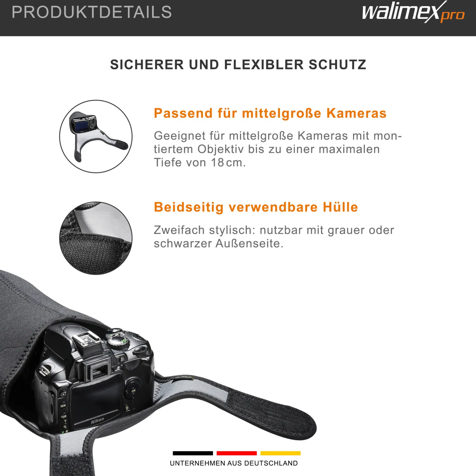 Walimex pro Neopren Kamera-Schutzhülle M 18 x 14 x 12 cm für mittelgroße Kameras mit angesetztem Objektiv bis max. 18 cm Tiefe