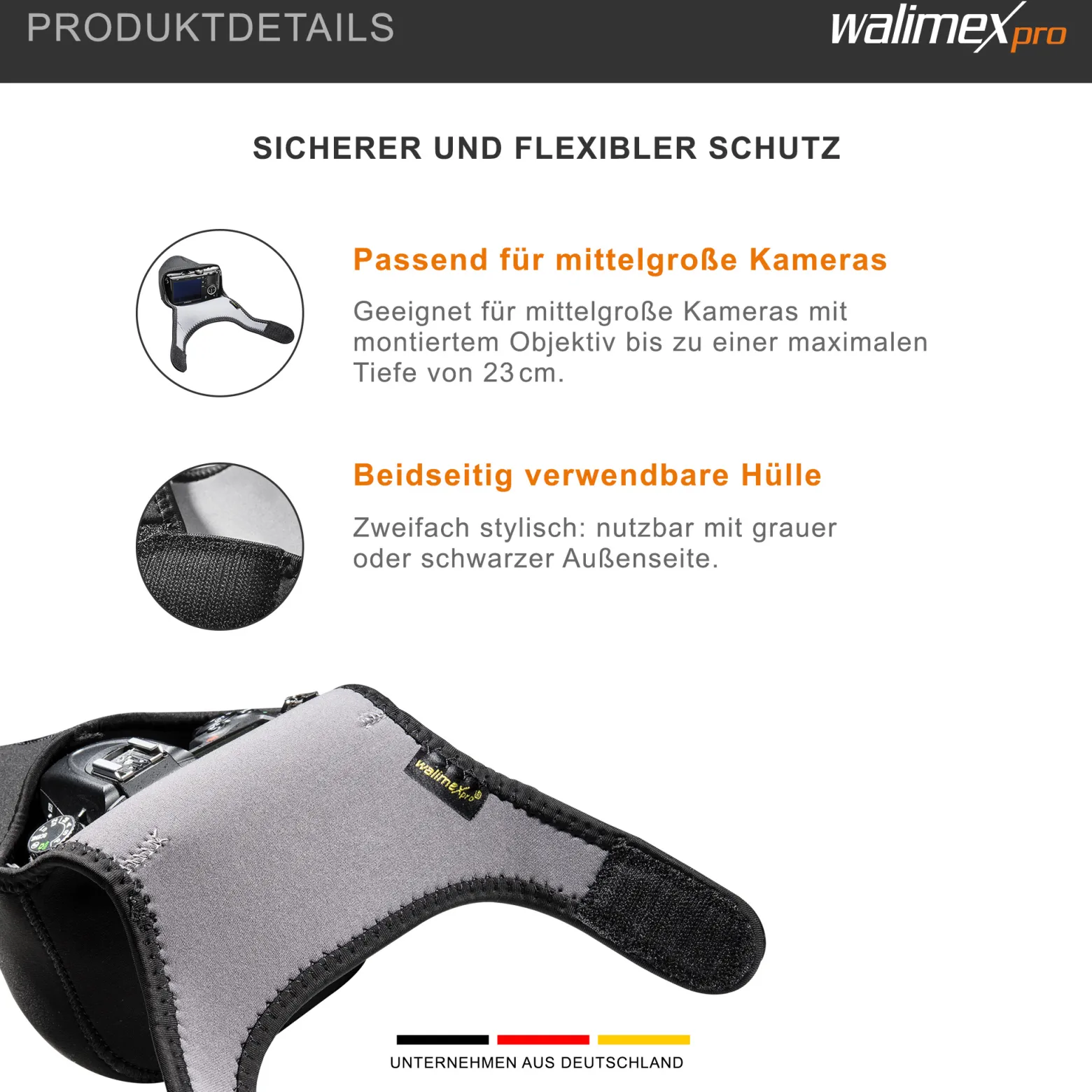 Walimex pro Neopren Kamera-Schutzhülle L 23 x 16 x 14 cm für große Kameras mit angesetztem Objektiv bis max. 23 cm Tiefe