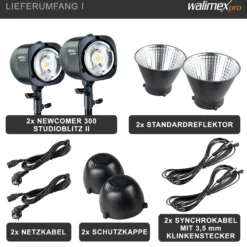 Walimex pro Newcomer 300 II 2er Set, Studioblitz Set inkl. Softboxen und Lampenstativen, LED Studiolicht 300 W mit Funk, hohe Lichtleistung ideal für Fotostudio