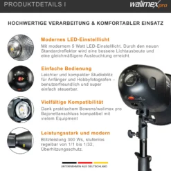 Walimex pro Newcomer 300 II Set, Studioblitz inkl. Softbox und Lampenstativ, LED Studiolicht mit Funk, Studiolampe 300 W mit hoher Lichtleistung ideal für Fotostudio