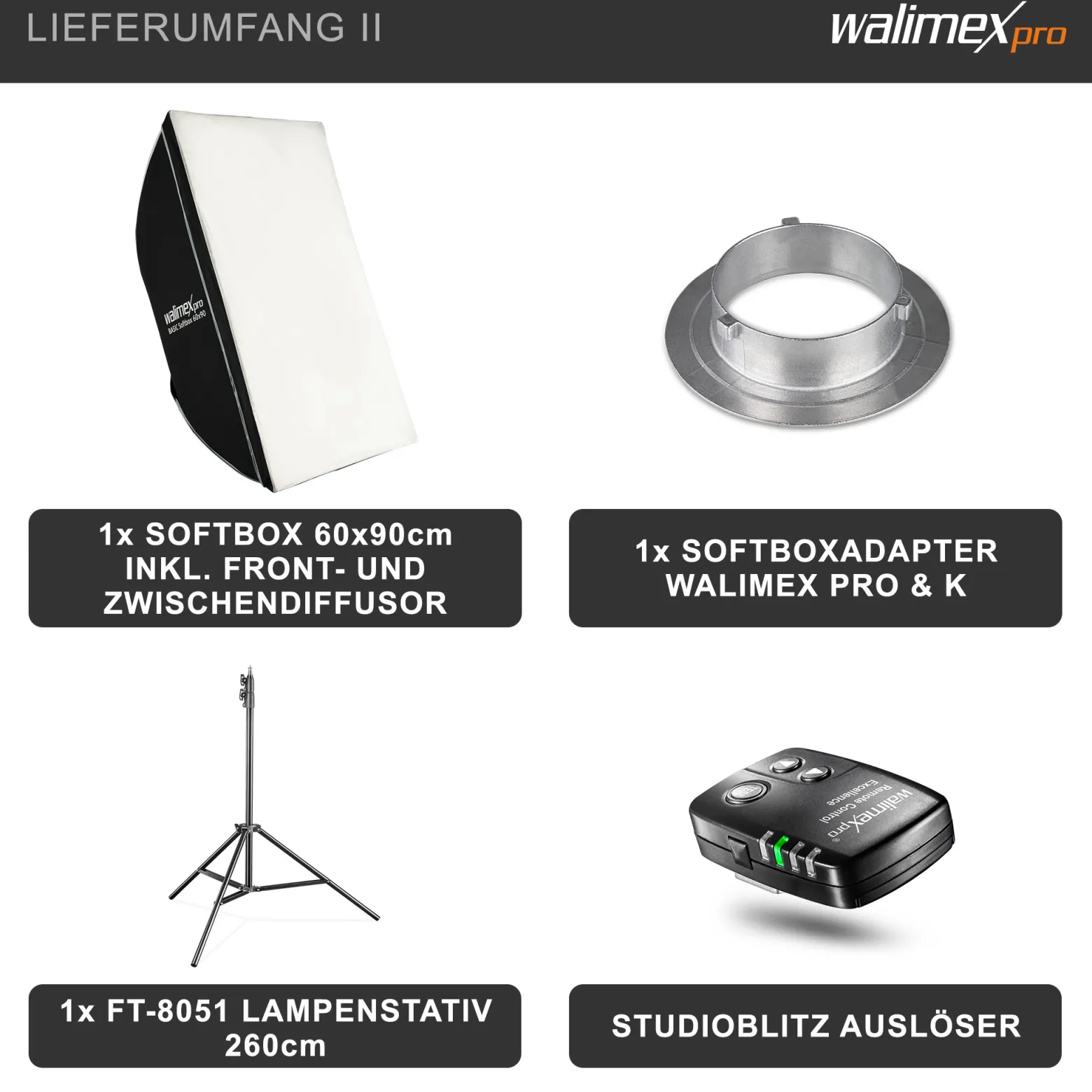 Walimex pro Newcomer 300 II Set, Studioblitz inkl. Softbox und Lampenstativ, LED Studiolicht mit Funk, Studiolampe 300 W mit hoher Lichtleistung ideal für Fotostudio