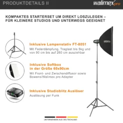 Walimex pro Newcomer 300 II Set, Studioblitz inkl. Softbox und Lampenstativ, LED Studiolicht mit Funk, Studiolampe 300 W mit hoher Lichtleistung ideal für Fotostudio