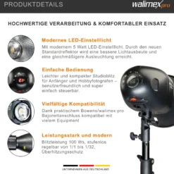 Walimex pro Newcomer 100 II Studioblitz, LED Studiolicht mit Funk, Studiolampe mit hoher Lichtleistung, Studio Blitz mit Überhitzungsschutz ideal für Fotostudio
