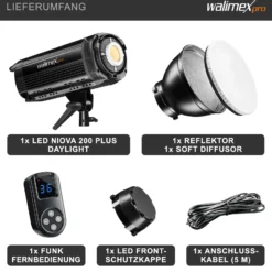 Walimex pro Niova Plus Daylight, dimmbare LED Videoleuchte 200 W, Videolicht mit Bowens-Reflektor & Soft Diffusor, Studiolicht mit COB-LED-Technologie