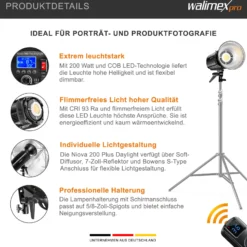 Walimex pro Niova Plus Daylight, dimmbare LED Videoleuchte 200 W, Videolicht mit Bowens-Reflektor & Soft Diffusor, Studiolicht mit COB-LED-Technologie