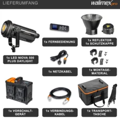 Walimex pro Niova Plus 500 Daylight, dimmbare LED Videoleuchte 500 W, Videolicht mit Bowens-Reflektor & Soft Diffusor, Studiolicht mit COB-LED-Technologie