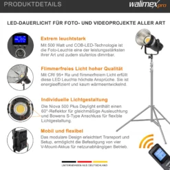 Walimex pro Niova Plus 500 Daylight, dimmbare LED Videoleuchte 500 W, Videolicht mit Bowens-Reflektor & Soft Diffusor, Studiolicht mit COB-LED-Technologie