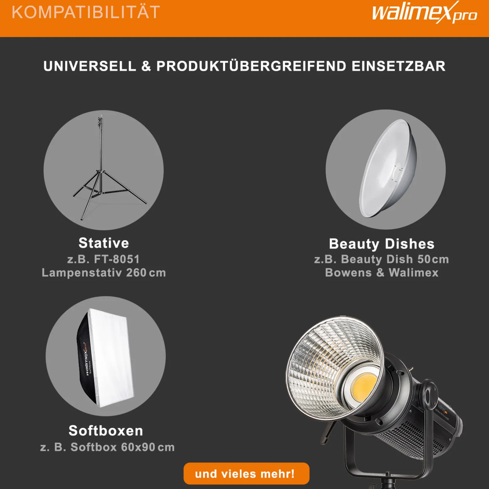 Walimex pro Niova Plus 500 Daylight, dimmbare LED Videoleuchte 500 W, Videolicht mit Bowens-Reflektor & Soft Diffusor, Studiolicht mit COB-LED-Technologie