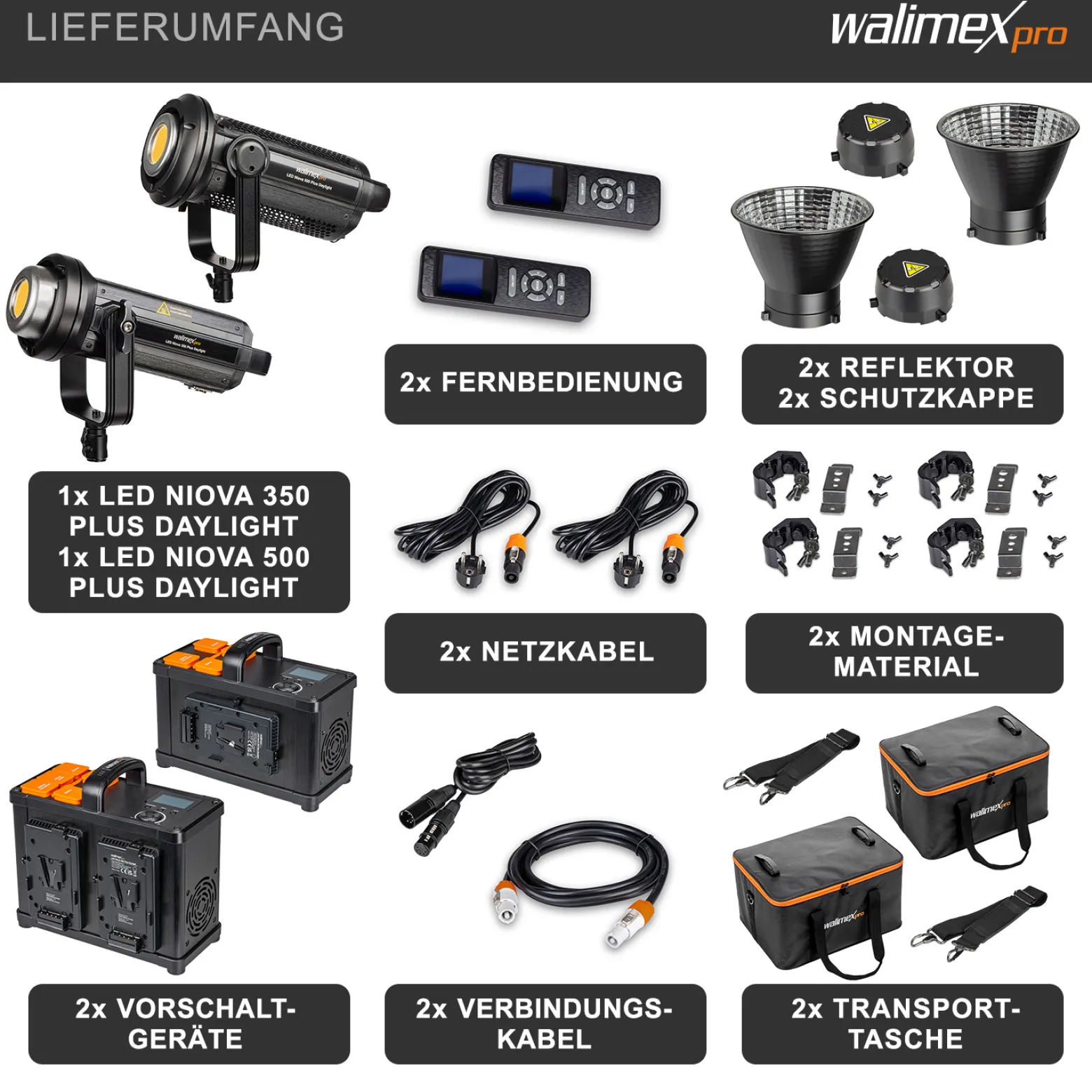 Walimex pro Niova Plus Daylight Set 350 & 500 W, dimmbare Videoleuchte, Videolicht mit Bowens-Reflektor & Soft Diffusor, Studiolicht mit COB-LED-Technologie