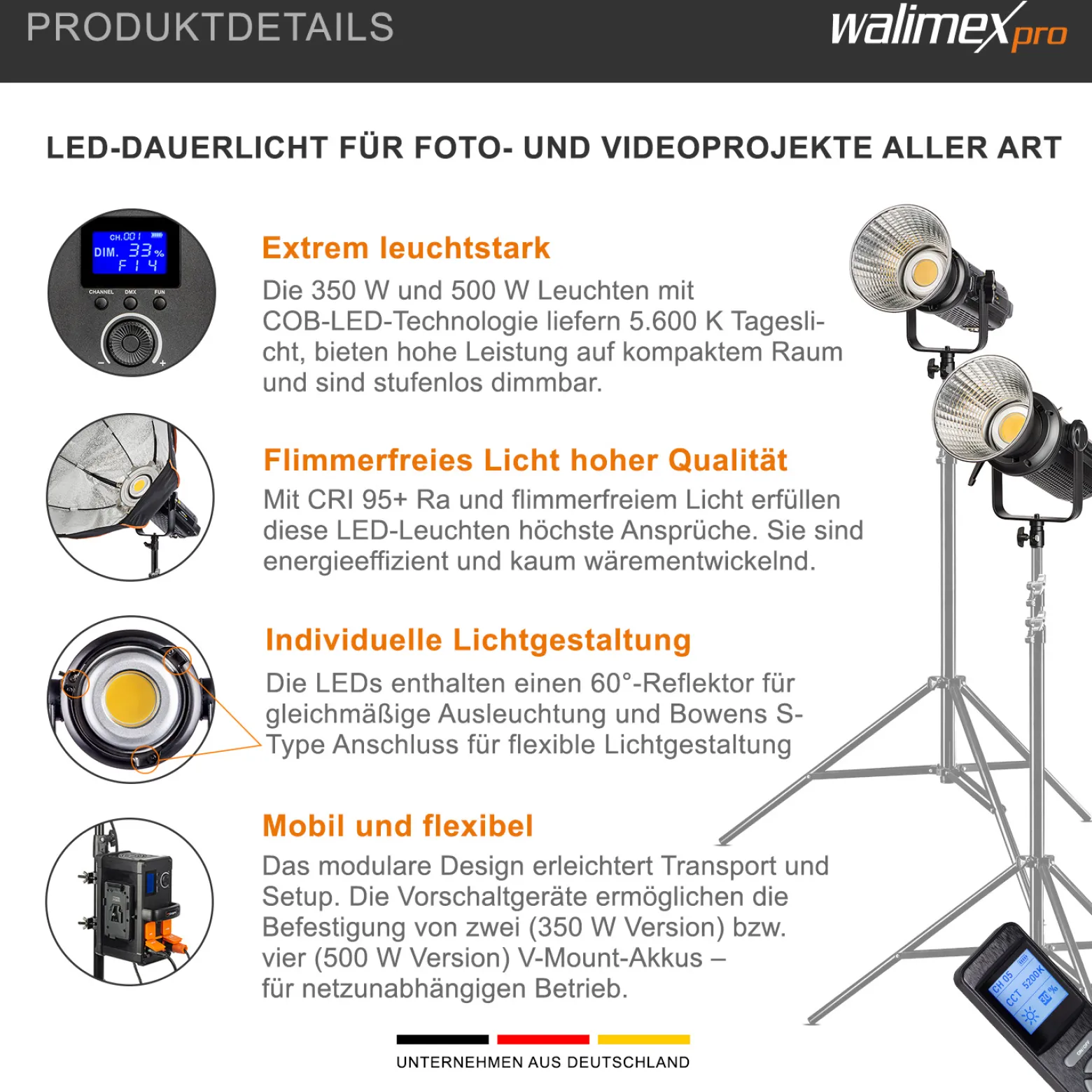 Walimex pro Niova Plus Daylight Set 350 & 500 W, dimmbare Videoleuchte, Videolicht mit Bowens-Reflektor & Soft Diffusor, Studiolicht mit COB-LED-Technologie