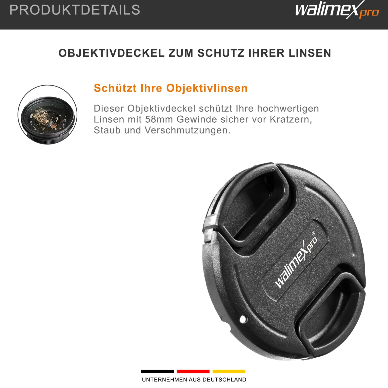 Walimex pro Objektivdeckel mit Innengriff 58 mm Frontdeckel aus Kunststoff schützt vor Staub, Kratzern und Schmutz