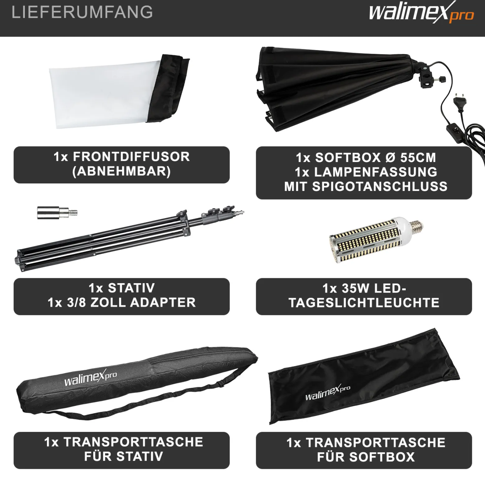 Walimex pro Octagon Softbox 55 cm mit 35 W LED Set inkl. FT-8051 Lampenstativ bis 260 cm Höhe, Studioleuchte 5000 K Tageslicht plus Lichtstativ mit Federdämpfung
