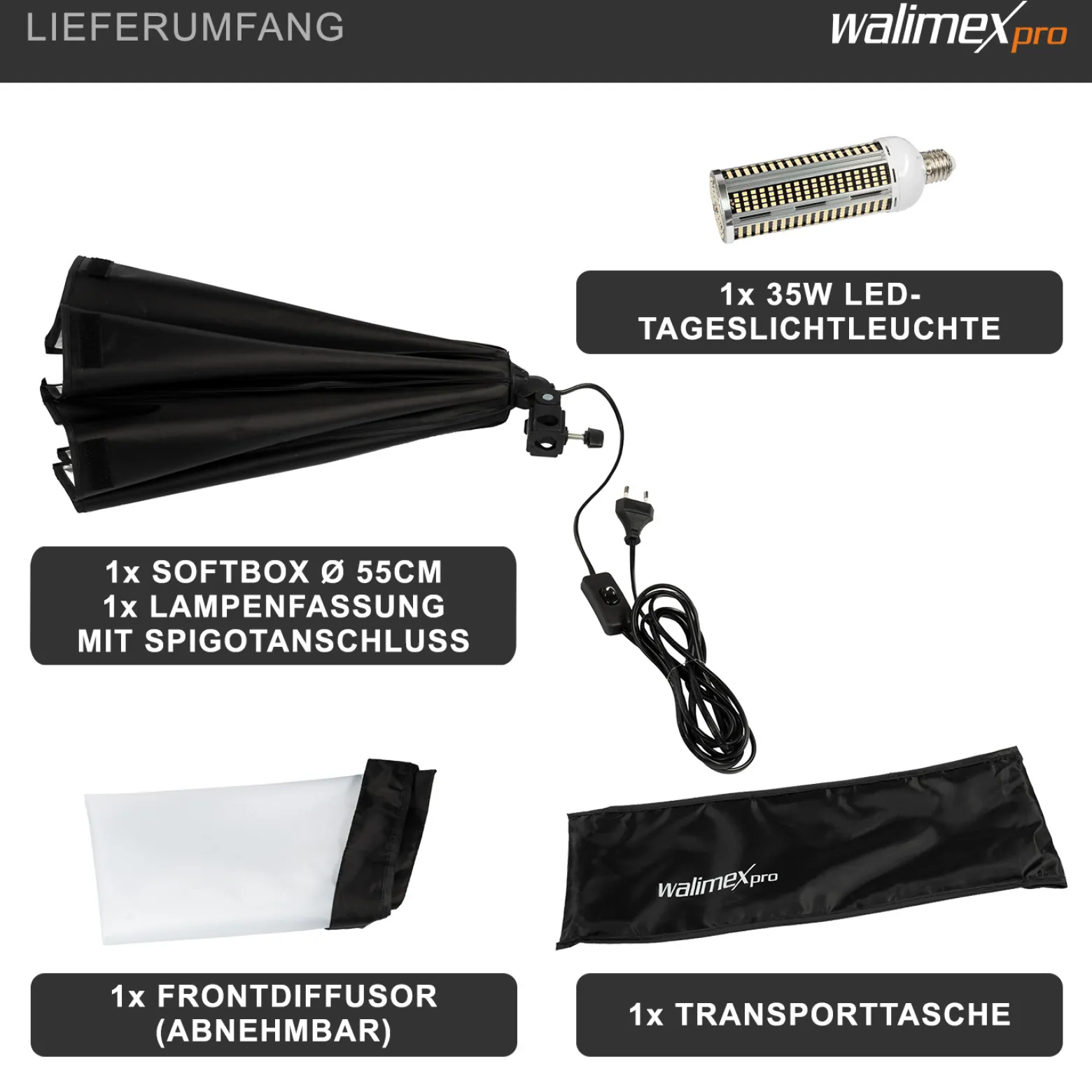 Walimex pro Octagon Softbox 55 cm mit 35 W Daylight LED, Studioleuchte 5000 K Tageslicht, Soft Box neigbar um ca. 135°, inkl. Diffusor ideal für Fotostudio