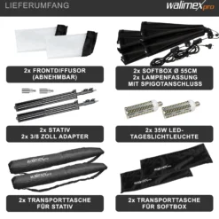 Walimex pro Octagon Softbox 2er Set 55 cm mit 35 W LED inkl. 2 x FT-8051 Lampenstativ bis 260 cm Höhe, Studioleuchte 5000 K Tageslicht plus Lichtstativ mit Federdämpfung
