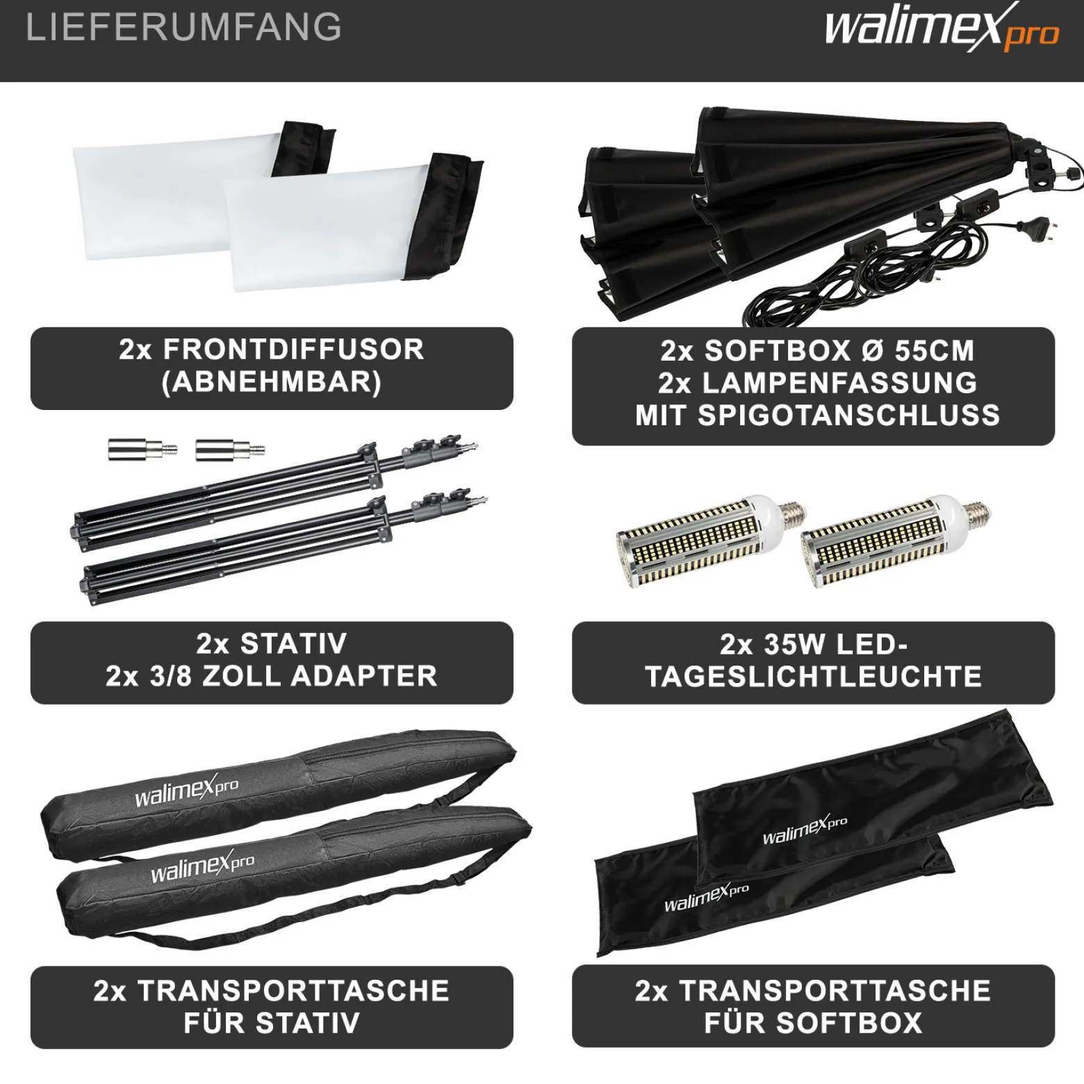 Walimex pro Octagon Softbox 2er Set 55 cm mit 35 W LED inkl. 2 x FT-8051 Lampenstativ bis 260 cm Höhe, Studioleuchte 5000 K Tageslicht plus Lichtstativ mit Federdämpfung