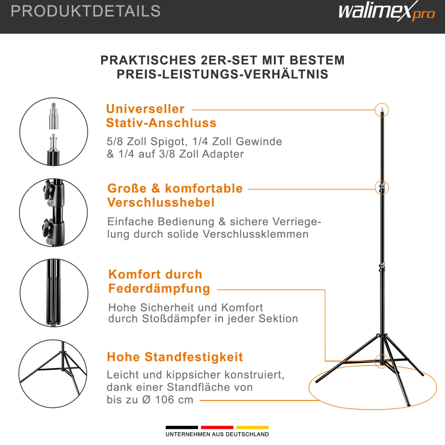 Walimex pro Octagon Softbox 2er Set 55 cm mit 35 W LED inkl. 2 x FT-8051 Lampenstativ bis 260 cm Höhe, Studioleuchte 5000 K Tageslicht plus Lichtstativ mit Federdämpfung