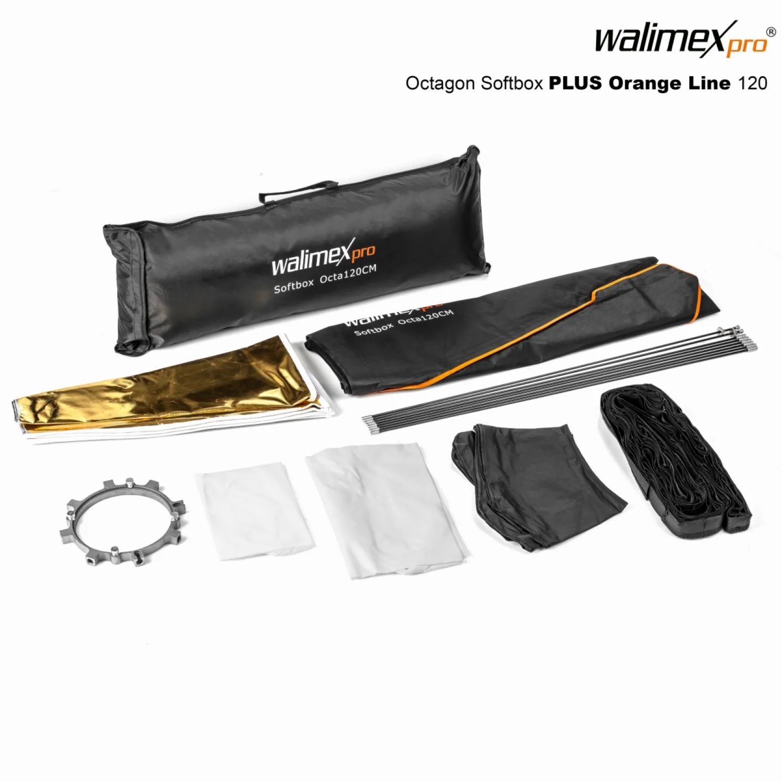 Walimex pro Octagon Softbox Plus Orange Line 120 cm - 900 x 1200 x 1200 mm - mit golden-silbernem Einsatz - schwarz-weiß - Fotografie Zubehör Studio Outdoor People Porträt