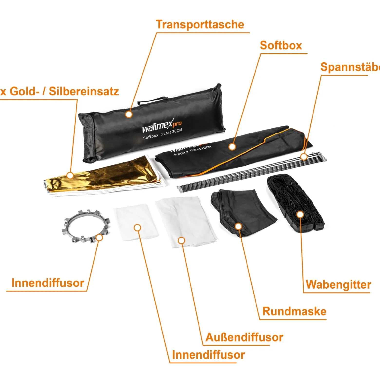 Walimex pro Octagon Softbox Plus Orange Line 120 cm - 900 x 1200 x 1200 mm - mit golden-silbernem Einsatz - schwarz-weiß - inkl. Adapters für pro & K
