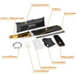 Walimex pro Octagon Softbox Plus Orange Line 120 cm - 900 x 1200 x 1200 mm - mit golden-silbernem Einsatz - schwarz-weiß - inkl. Adapters für Aurora/Bowens