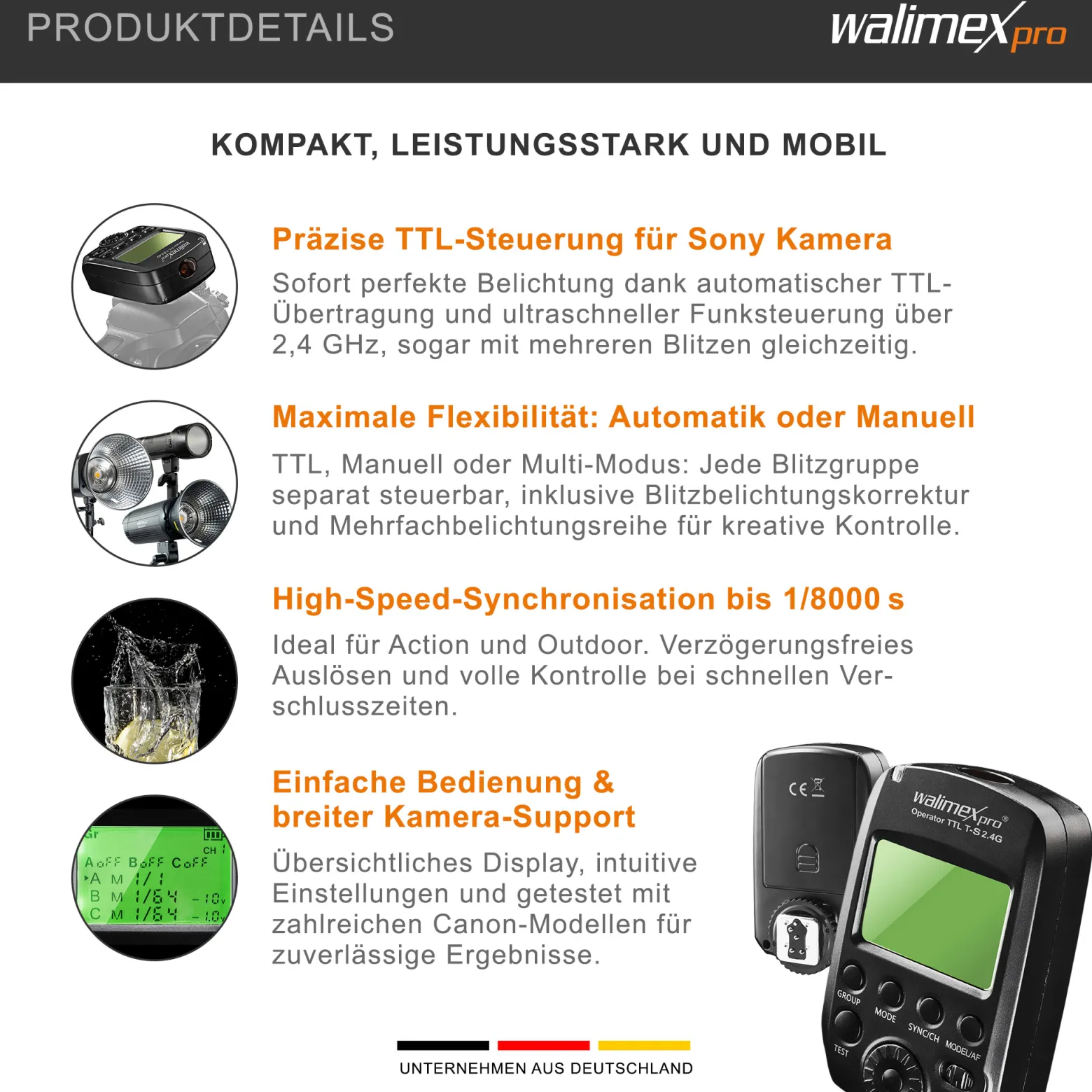Walimex pro Operator TTL T-S geeignet für Sony Kamera, Funk Fernbedienung und Funk Auslöser für Newcomer, Emerger, Campaigner, Stager und Mover 200/400 TTL, Transmitter
