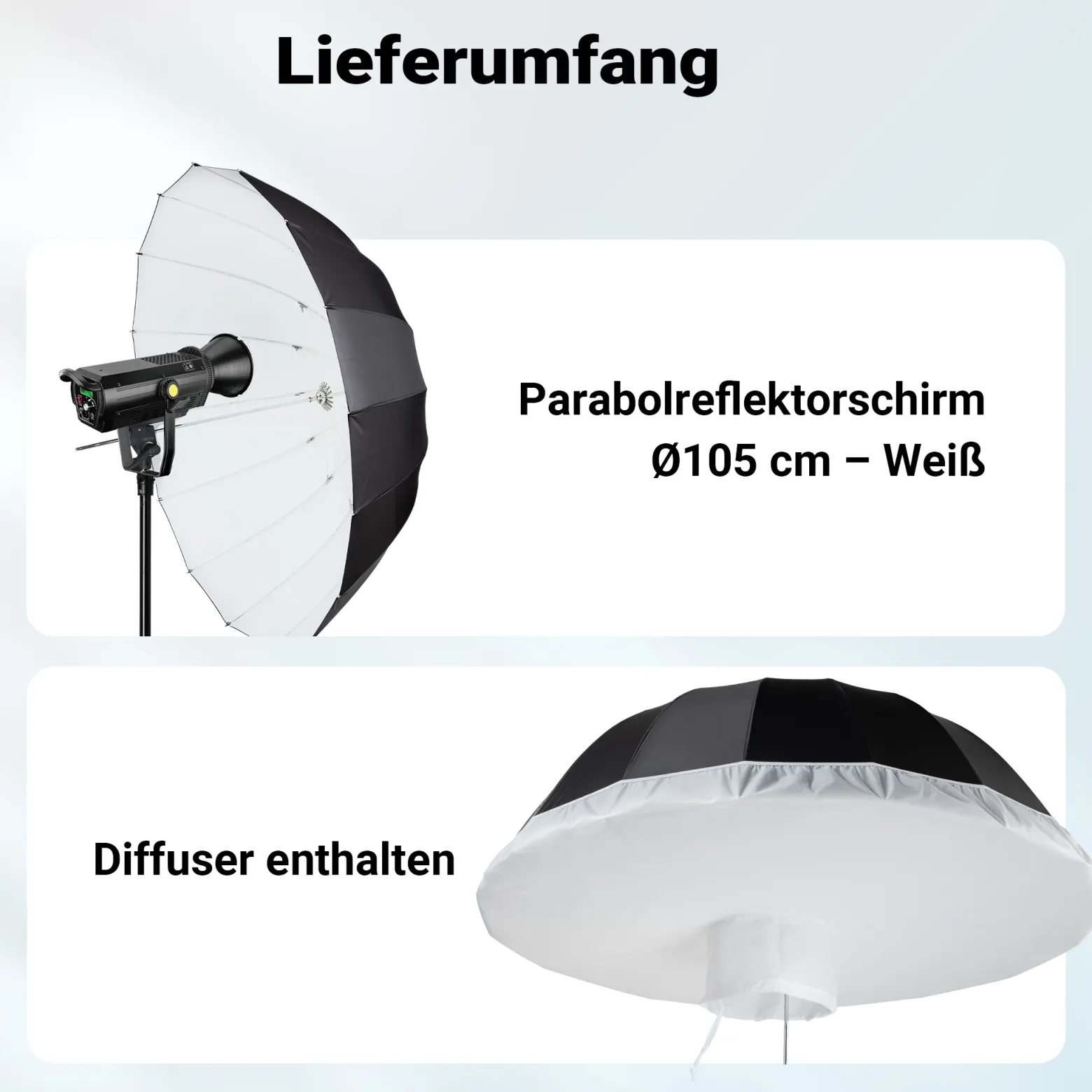 Walimex pro Parabol Reflexschirm schwarz/weiß Ø 105 cm + Diffusor – Lichtformer Set für Fotografie und Videografie