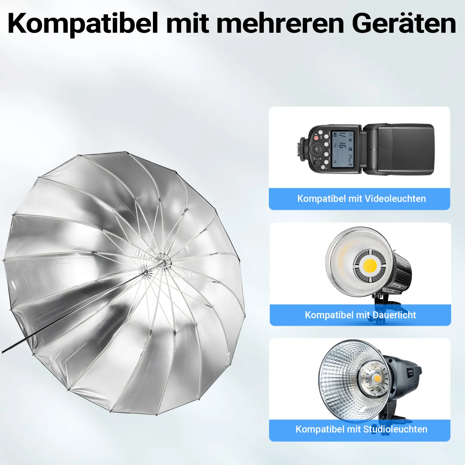 Walimex pro Parabol Reflexschirm schwarz/silberfarben Ø 105 cm + Diffusor – Lichtformer Set für Fotografie und Videografie