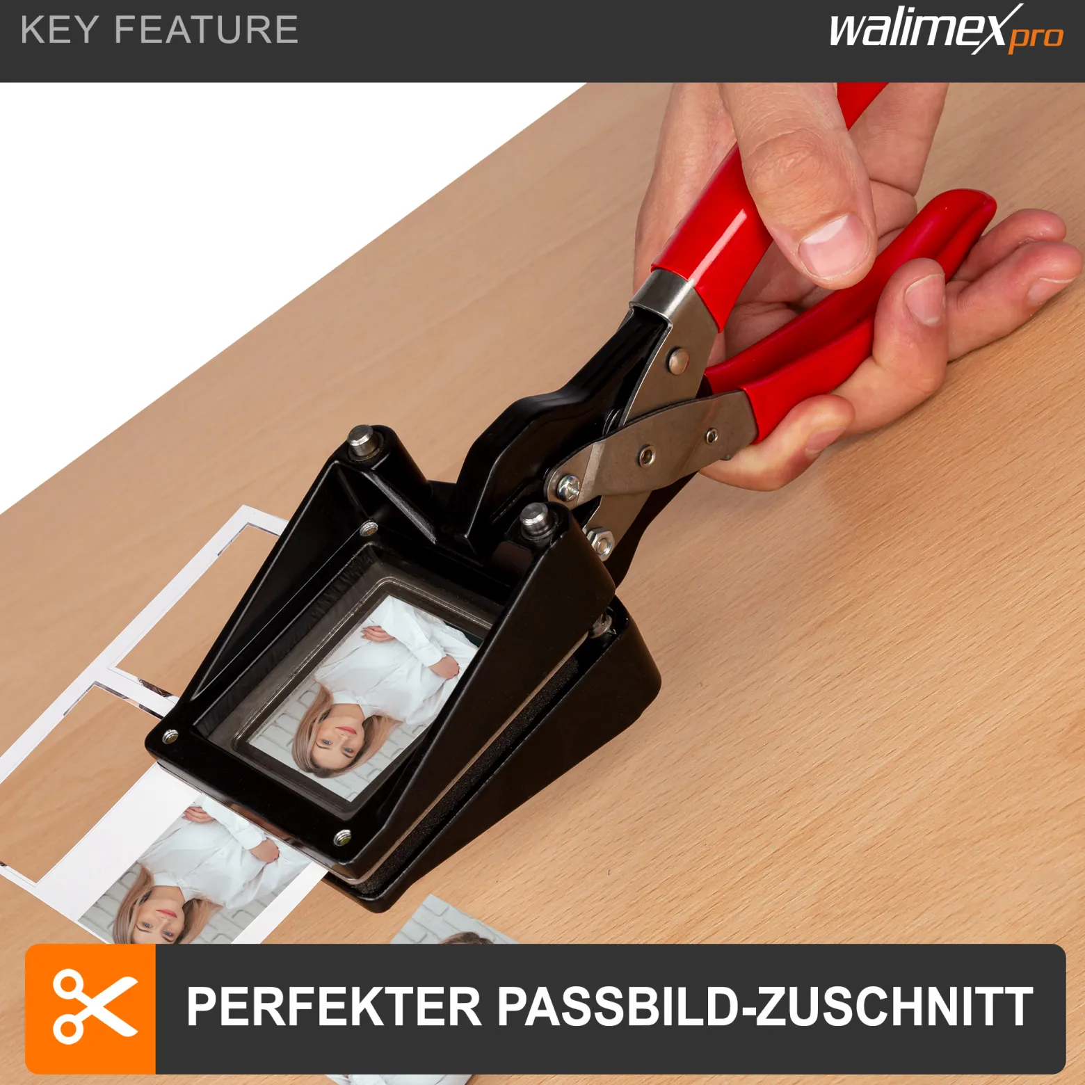 Walimex pro Passbildstanze 35 x 45 mm, Fotostanze mit ergonomischem Griff, Handstanze für professionelle Passbilder, Stanze für saubere Schnittkanten