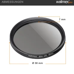 Walimex pro Polfilter zirkular slim 58 mm, Polarisationsfilter inkl. Schutzhülle, CPL Filter mit Metallfassung, Kamera Pol Filter für professionelle Aufnahmen