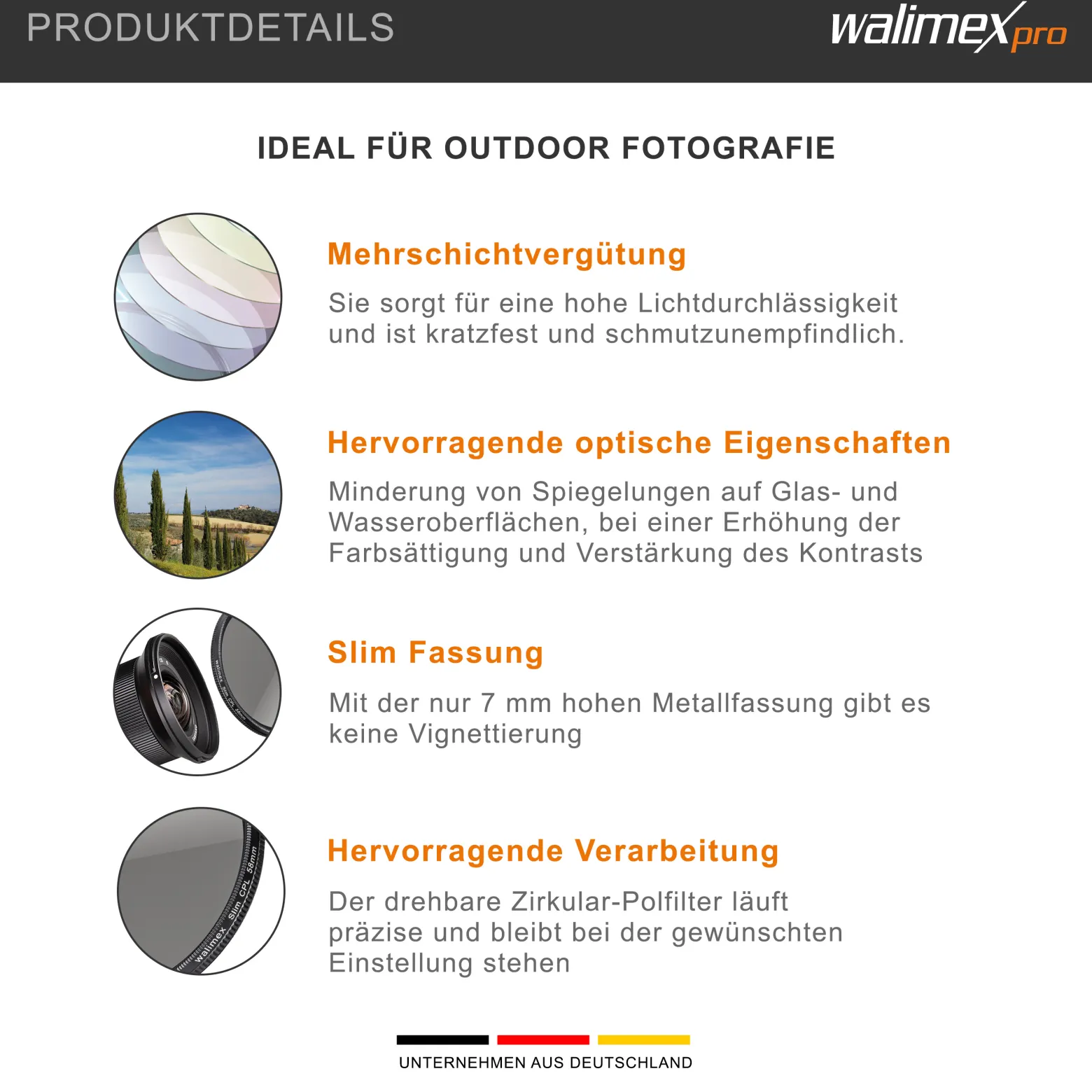 Walimex pro Polfilter zirkular slim 58 mm, Polarisationsfilter inkl. Schutzhülle, CPL Filter mit Metallfassung, Kamera Pol Filter für professionelle Aufnahmen