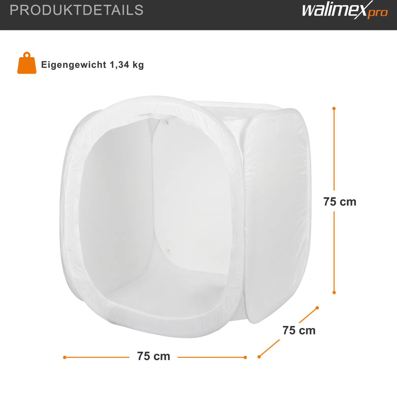 Walimex pro Pop-Up Lichtwürfel 75 x 75 x 75 cm Fotozelt für Produktfotografie mit Hintergrundstoffen und Transporttasche