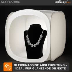 Walimex pro Pop-Up Lichtwürfel 75 x 75 x 75 cm Fotozelt für Produktfotografie mit Hintergrundstoffen und Transporttasche