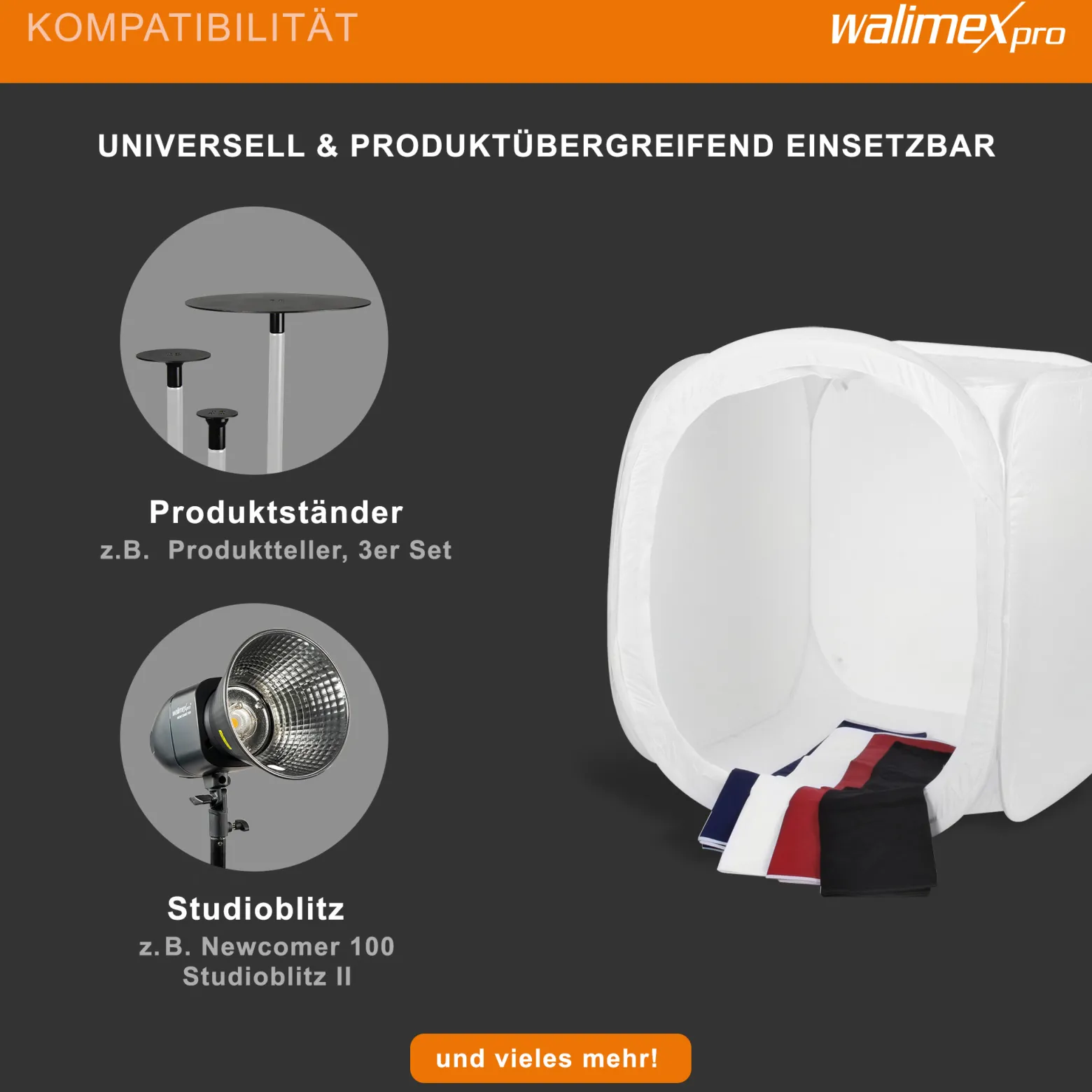 Walimex pro Pop-Up Lichtwürfel 75 x 75 x 75 cm Fotozelt für Produktfotografie mit Hintergrundstoffen und Transporttasche