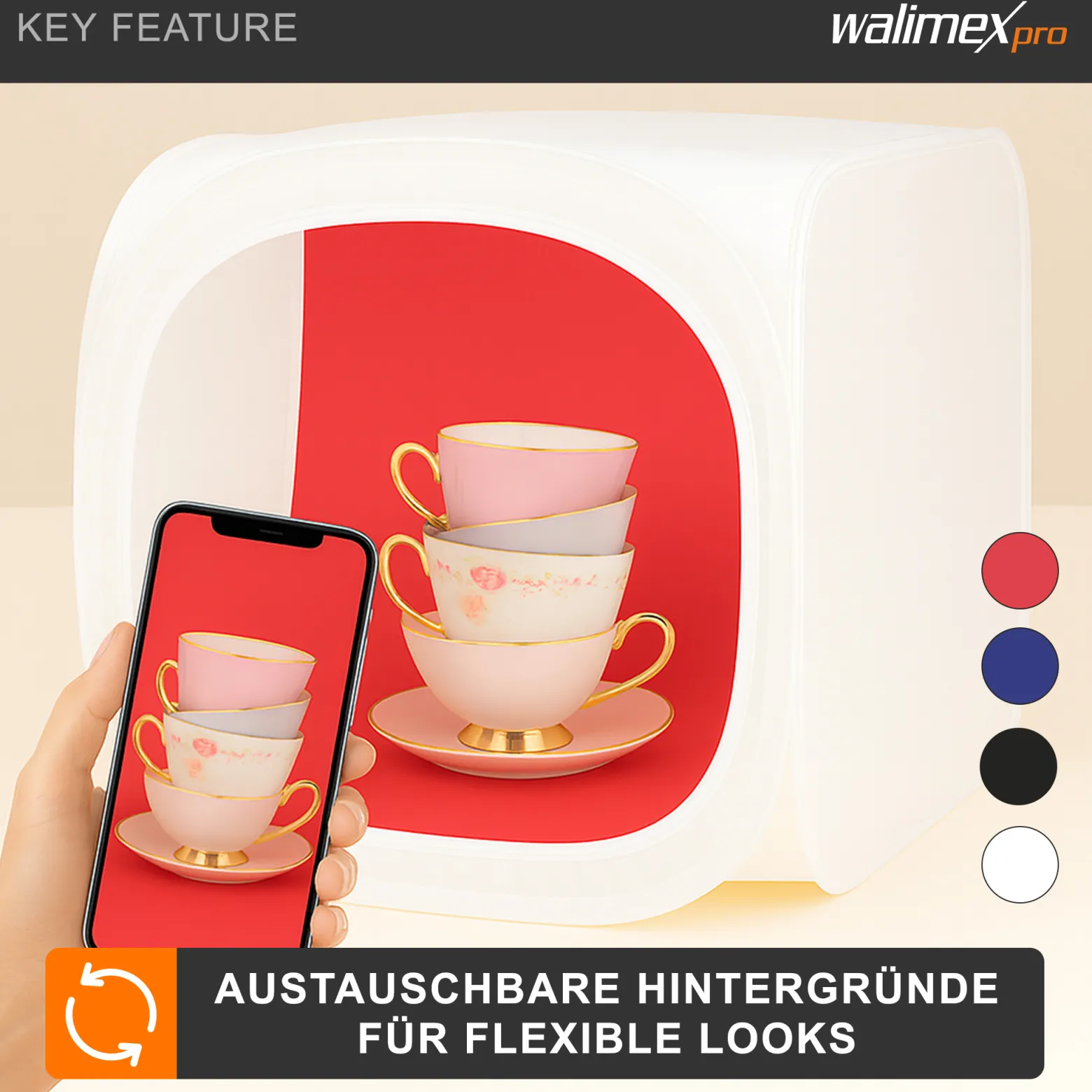 Walimex pro Pop-Up Lichtwürfel 75 x 75 x 75 cm Fotozelt für Produktfotografie mit Hintergrundstoffen und Transporttasche
