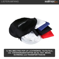Walimex pro Pop-Up Lichtwürfel 75 x 75 x 75 cm Fotozelt für Produktfotografie mit Hintergrundstoffen und Transporttasche