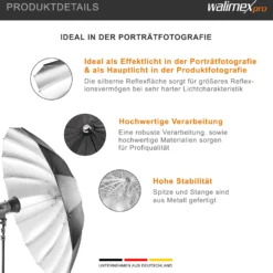 Walimex pro Reflexschirm Ø 180 cm schwarz/silberfarben für hartes Licht, Lichtreflektor ideal für Porträt- und Produktfotografie