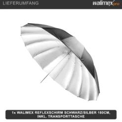 Walimex pro Reflexschirm Ø 180 cm schwarz/silberfarben für hartes Licht, Lichtreflektor ideal für Porträt- und Produktfotografie