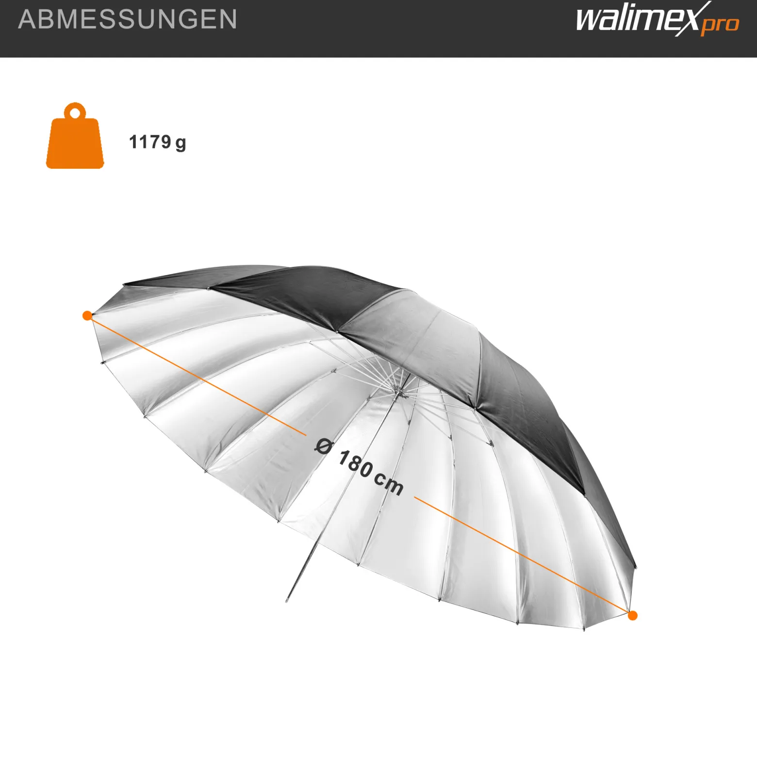Walimex pro Reflexschirm Ø 180 cm schwarz/silberfarben für hartes Licht, Lichtreflektor ideal für Porträt- und Produktfotografie