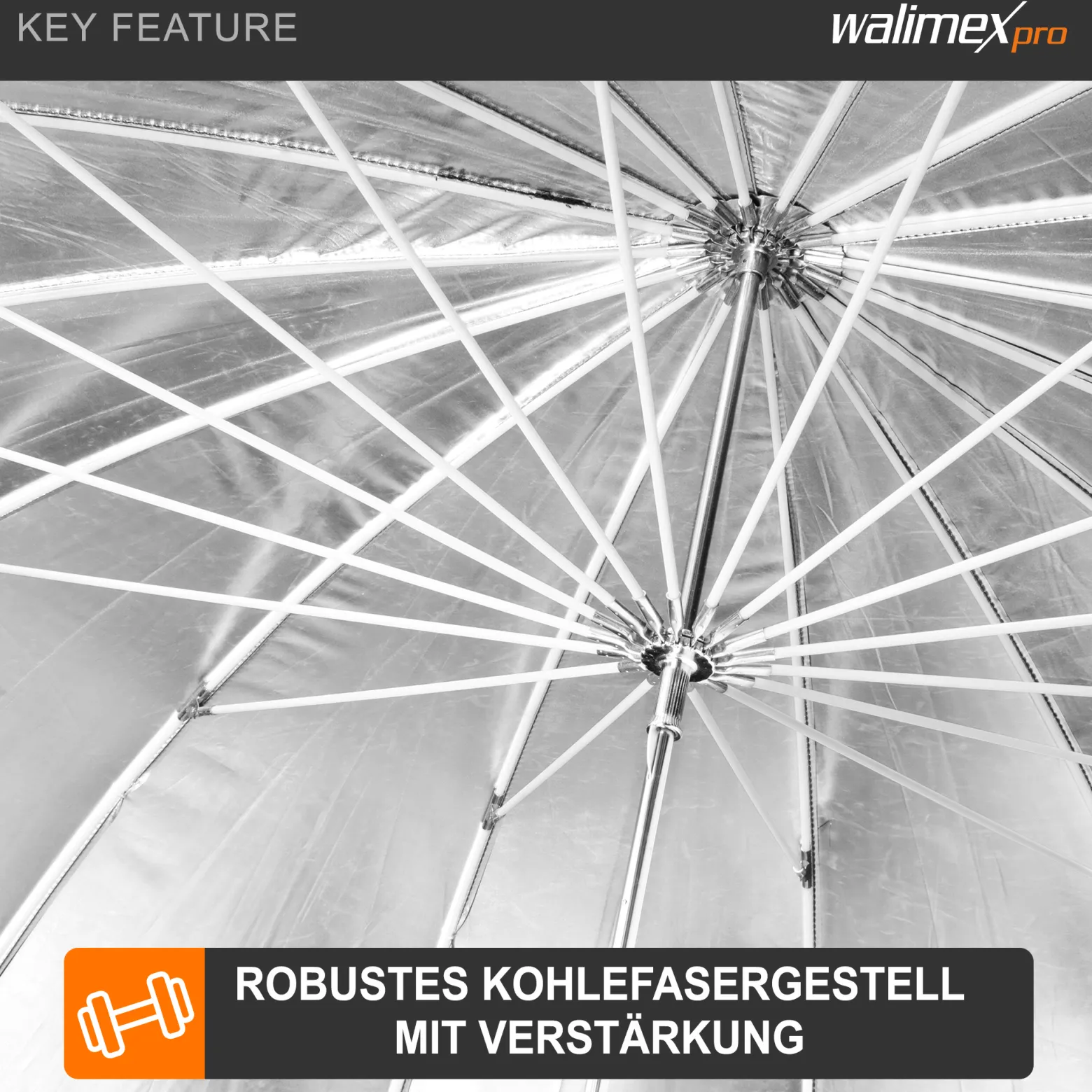 Walimex pro Reflexschirm Ø 180 cm schwarz/silberfarben für hartes Licht, Lichtreflektor ideal für Porträt- und Produktfotografie
