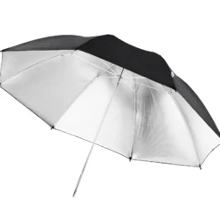 Walimex pro Reflexschirm Ø 109 cm schwarz/silberfarben für hartes Licht und Kontraste, Lichtreflektor ideal für Porträt- und Produktfotografie, Lichtformer für Studioblitz, Fotoschirm mit Metallstange