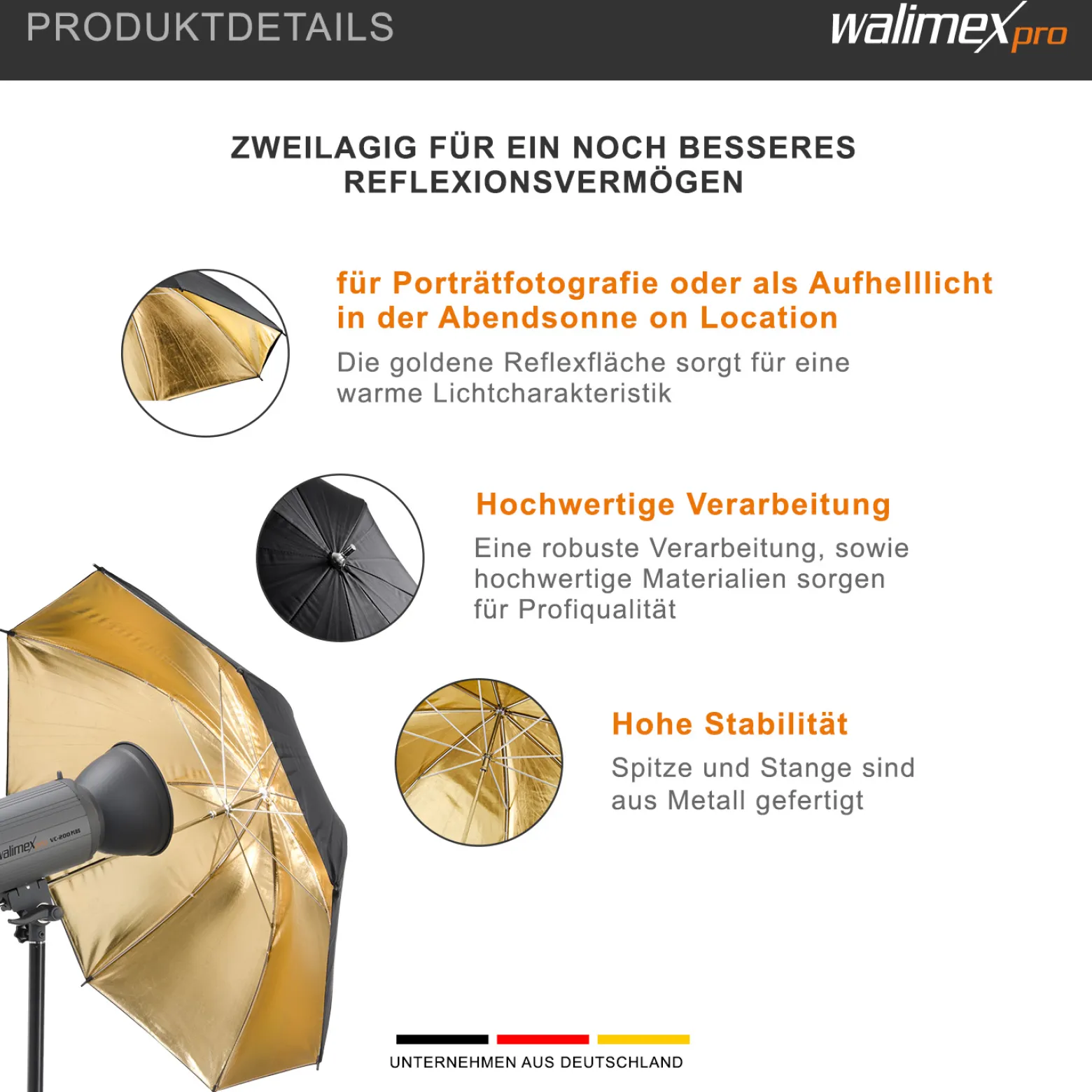 Walimex pro Reflexschirm zweilagig schwarz/gold, Fotoschirm 109 cm Durchmesser, robuster Reflektor mit hohem Reflexionsvermögen, Lichtformer für weiche Lichtcharakteristik