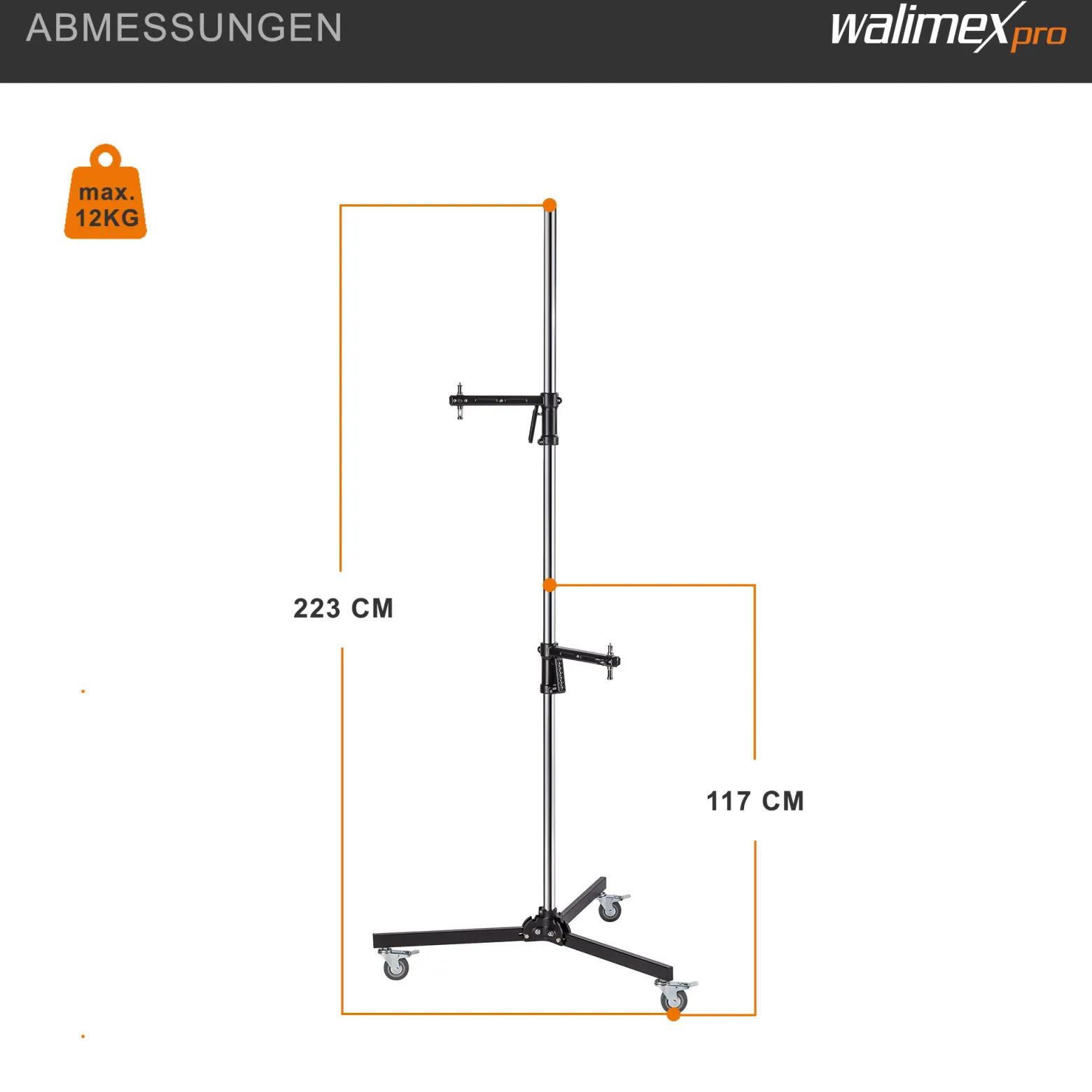 Walimex pro Rollstativ 223 cm, Blitzstativ belastbar bis 12 kg, Studiostativ mit zwei verschiebbaren Klemmhaltern, Lampenstativ mit stabilen Rollen ideal zur Befestigung von Studio-Equipment