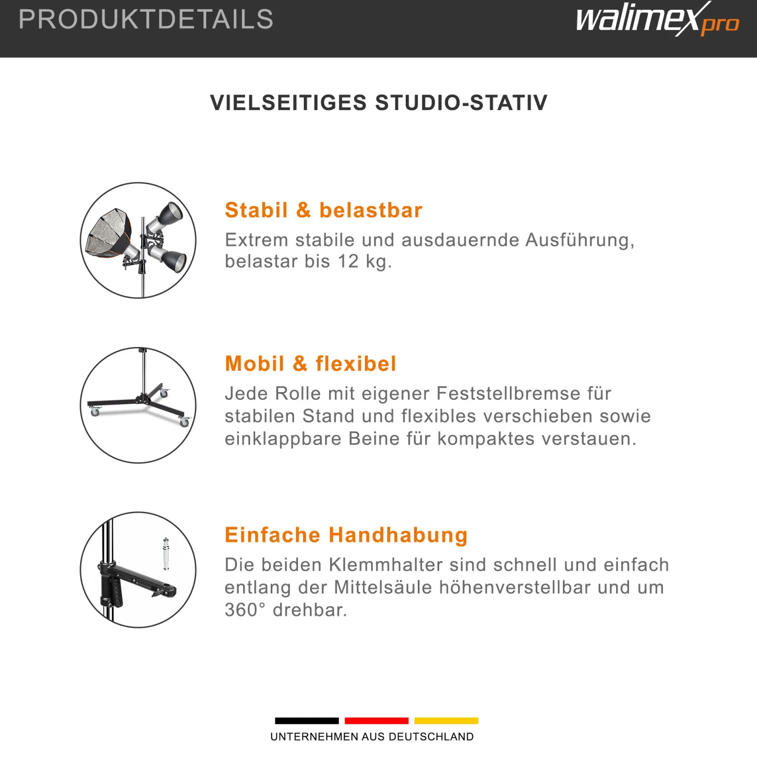 Walimex pro Rollstativ 223 cm, Blitzstativ belastbar bis 12 kg, Studiostativ mit zwei verschiebbaren Klemmhaltern, Lampenstativ mit stabilen Rollen ideal zur Befestigung von Studio-Equipment