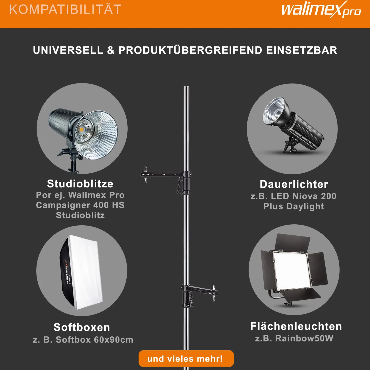 Walimex pro Rollstativ 223 cm, Blitzstativ belastbar bis 12 kg, Studiostativ mit zwei verschiebbaren Klemmhaltern, Lampenstativ mit stabilen Rollen ideal zur Befestigung von Studio-Equipment
