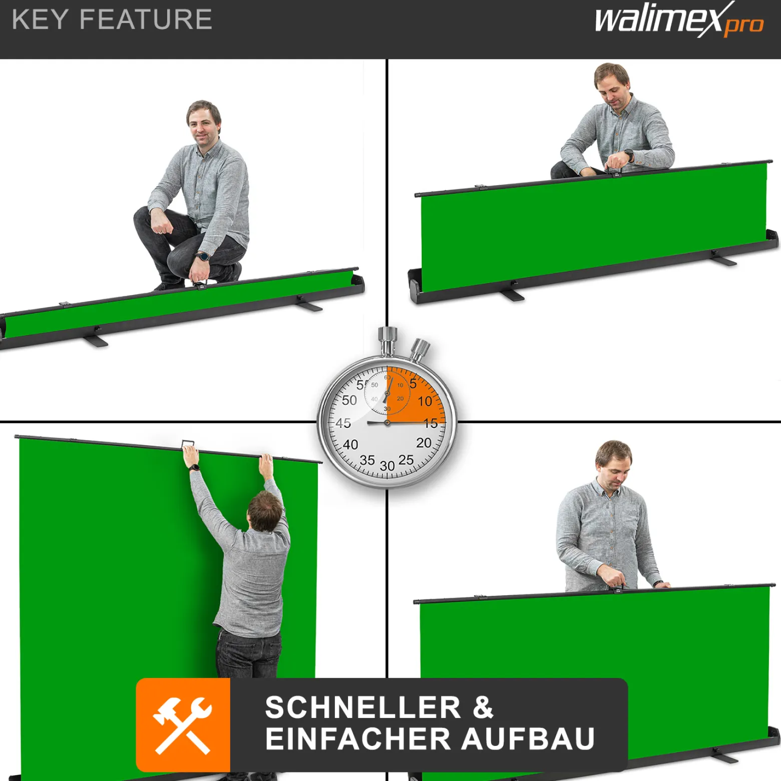 Walimex pro Roll-up Panel Hintergrund grün 210 x 220 cm, Greenscreen Fotohintergrund mit Transportbox, Hintergrundsystem für Fotostudio, knitterfreie Fotoleinwand ideal für Chromakeying